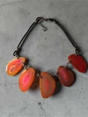 Vibrant Pink-Orange Agate Slice Statement Necklace